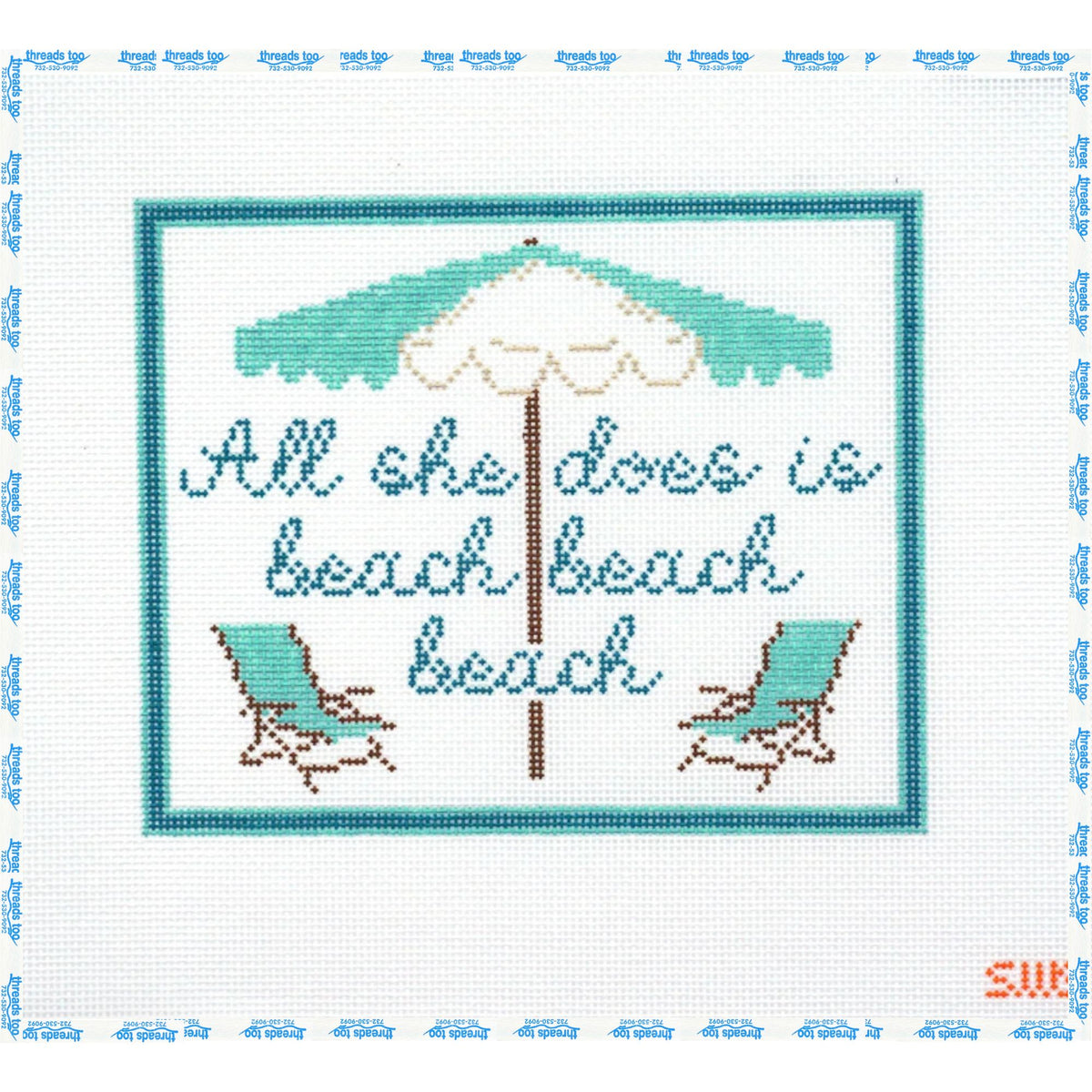 All She Does is Beach Beach Beach hand-painted needlepoint canvas by Stitching with Stacey