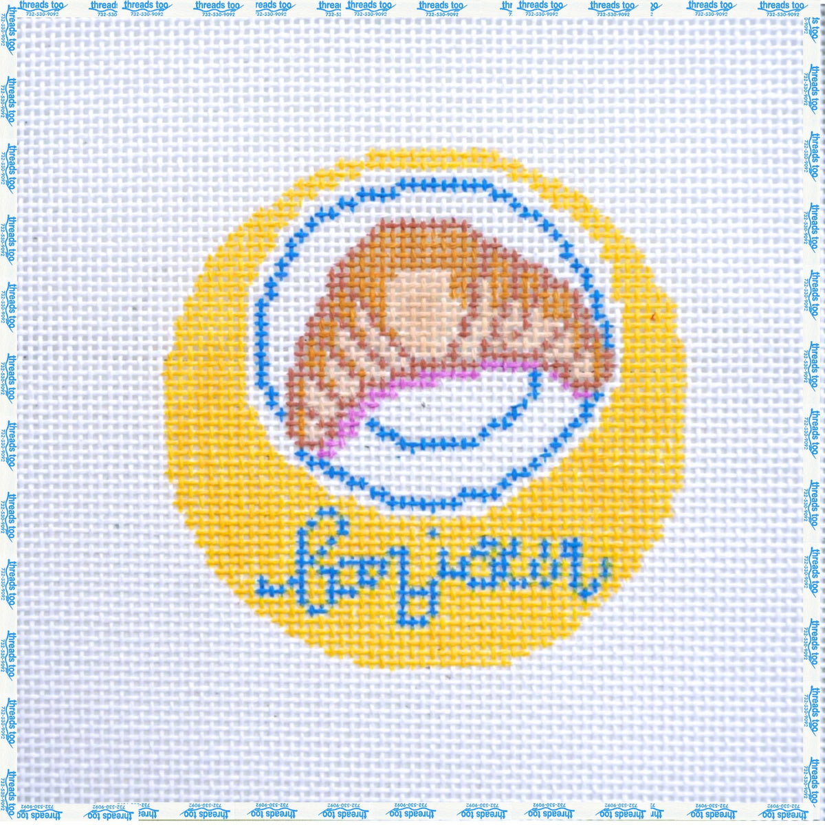 Bonjour Round hand-painted needlepoint coaster canvas by Petite Palm Stitchery