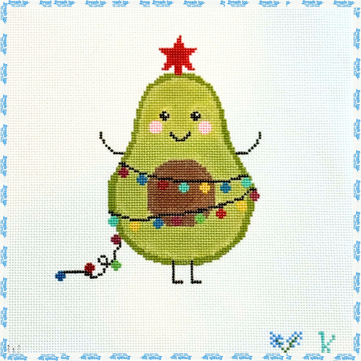 Holiday Avocado hand-painted needlepoint ornament canvas by Kirk & Bradley