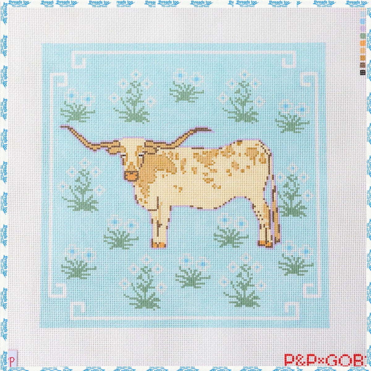 Long Horn Pillow hand-painted needlepoint canvas by Penny & Penny