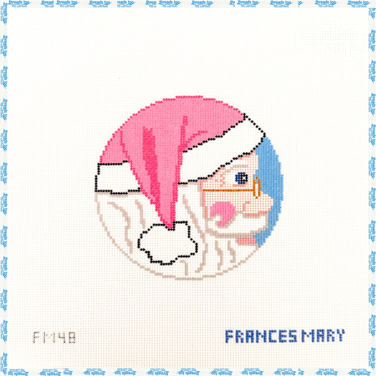 Pink Santa hand-painted needlepoint ornament canvas by Frances Mary
