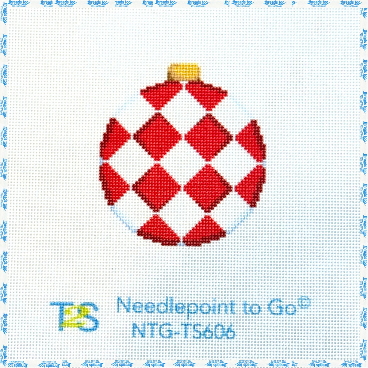 Red Harlequin Ball Ornament hand-painted needlepoint canvas by Kirk & Bradley