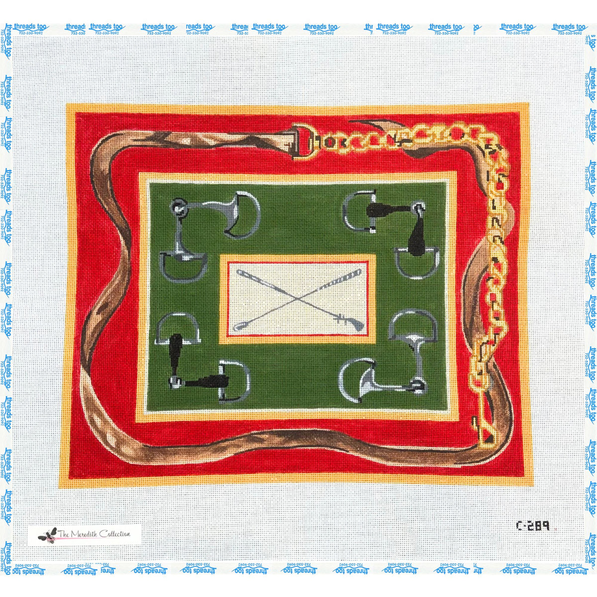 Snaffle Bits with Crop and Chain Border hand-painted needlepoint canvas by The Meredith Collection
