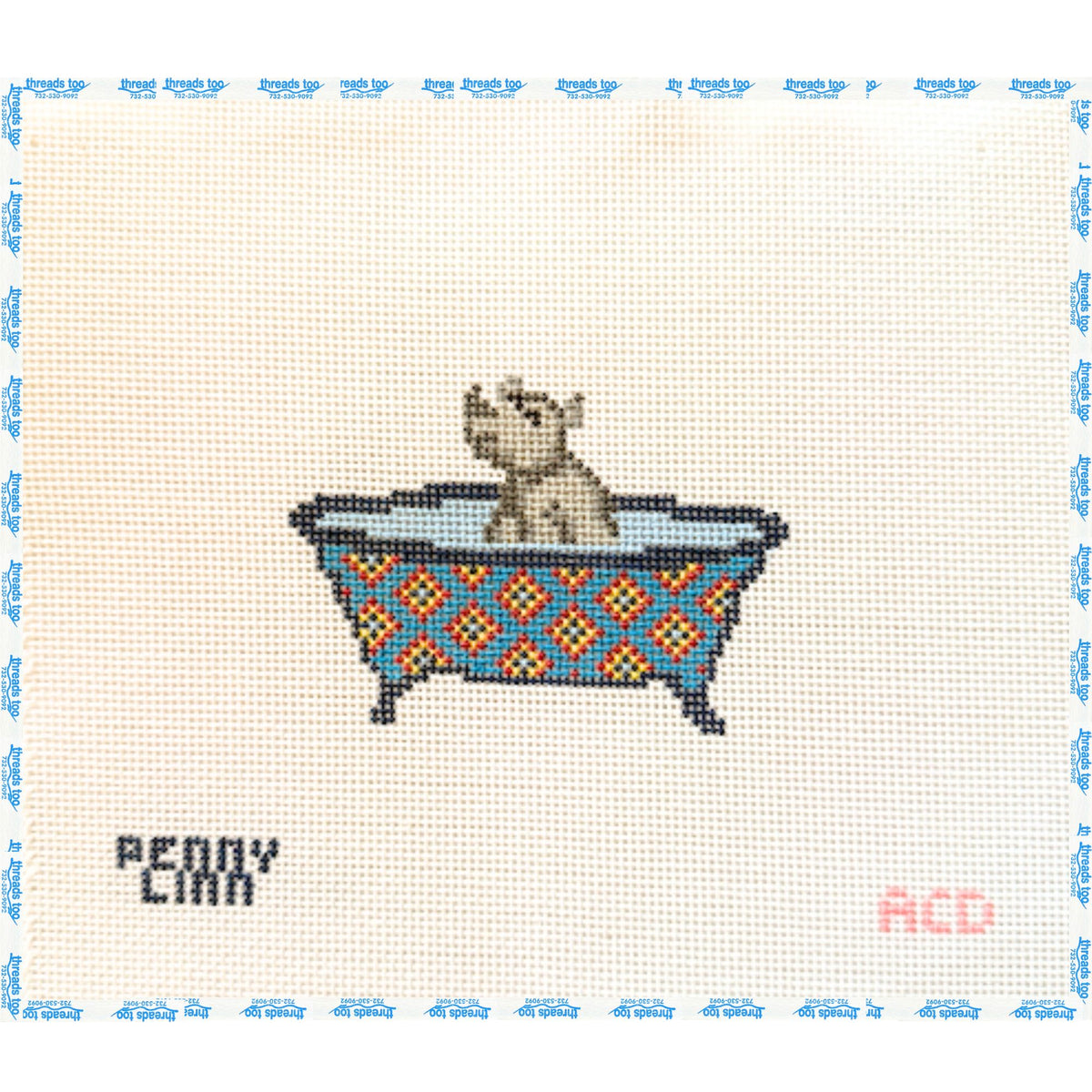 Tub Friends: Rhino hand-painted needlepoint canvas by Penny Linn