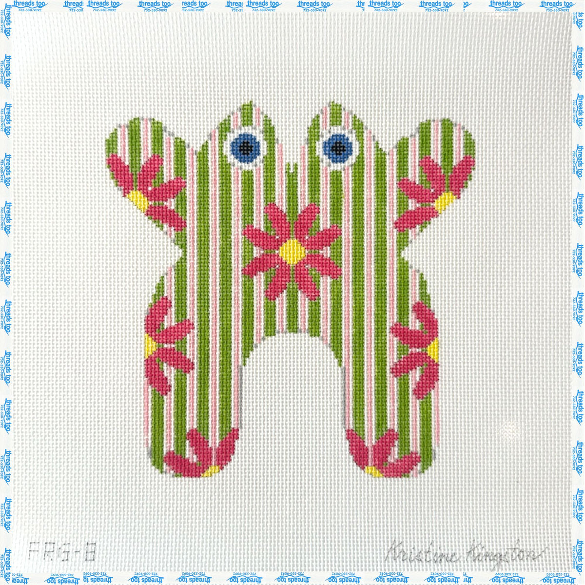 Kristine Kingston - Frog with Pink Flowers on Green Stripes