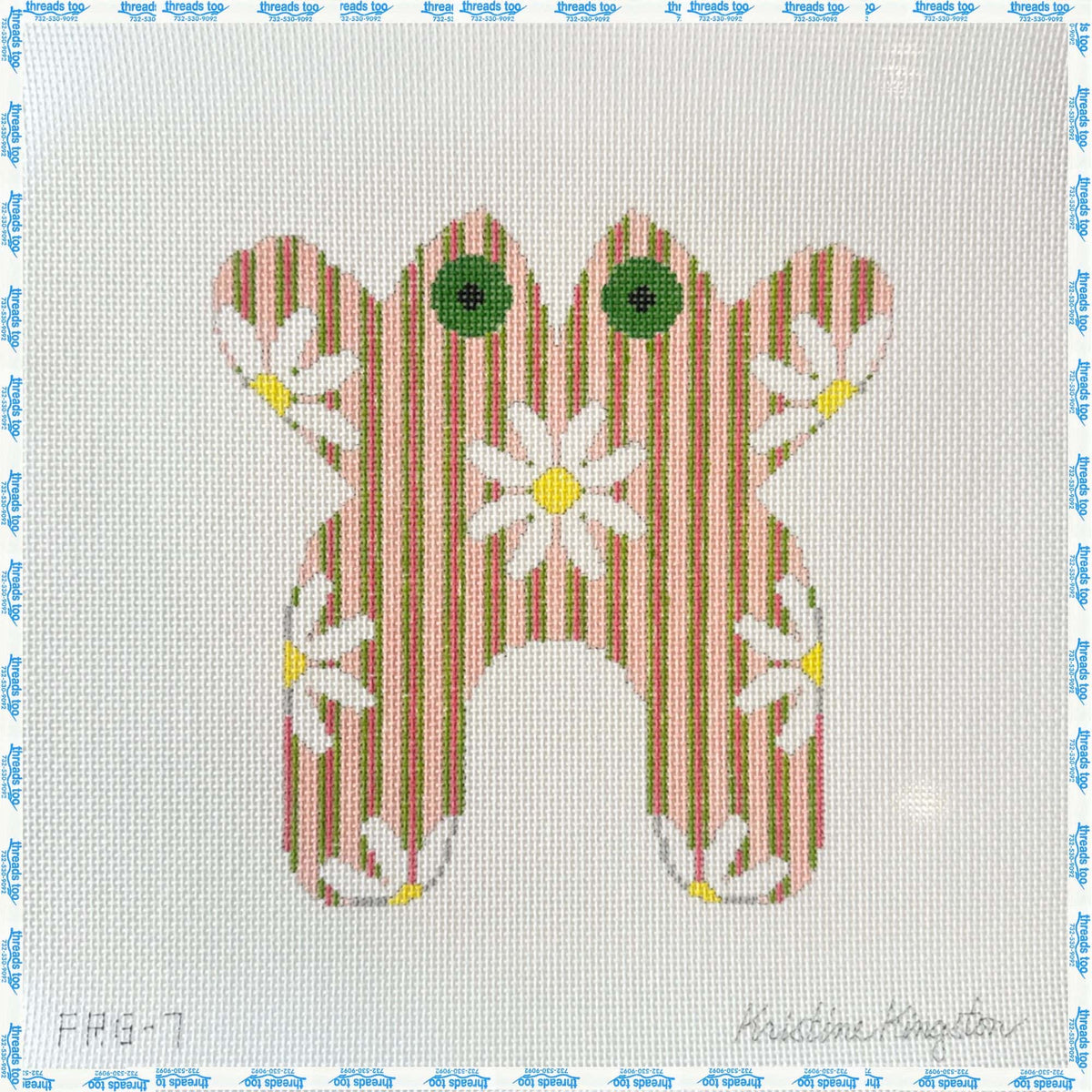 Kristine Kingston - Frog with White Flowers on Pink Stripes