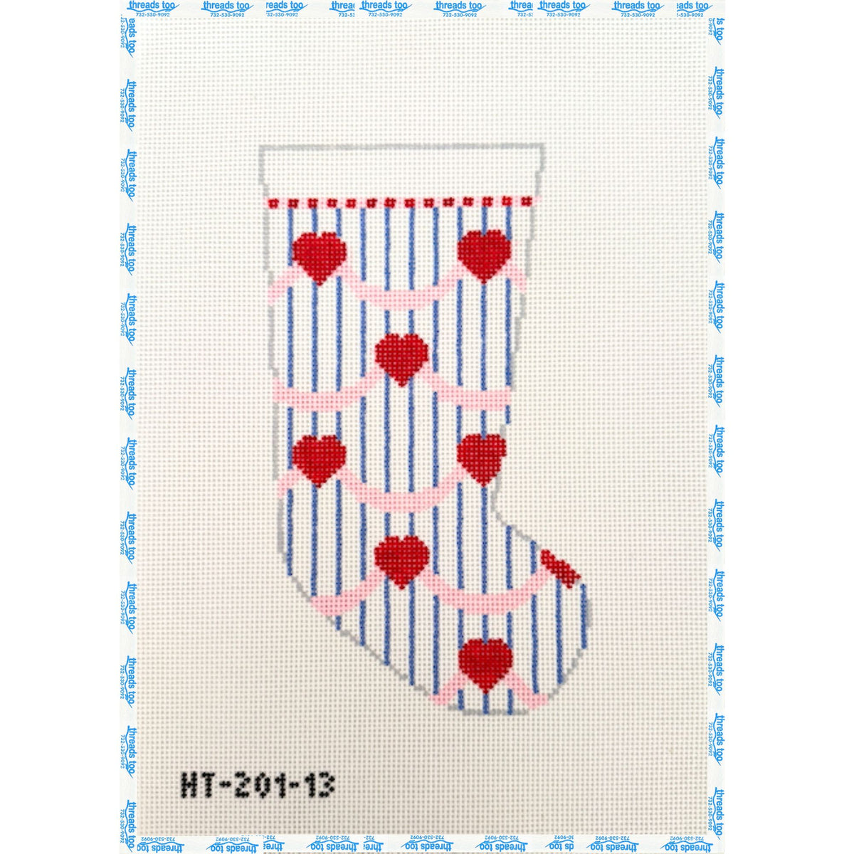Hearts Mini Stocking hand-painted needlepoint canvas by Hello Tess