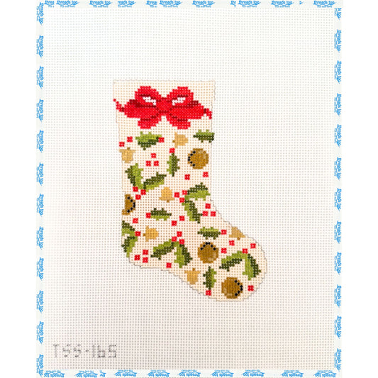 Pink Holly Mini Stocking hand-painted needlepoint canvas by The Salty Stitcher