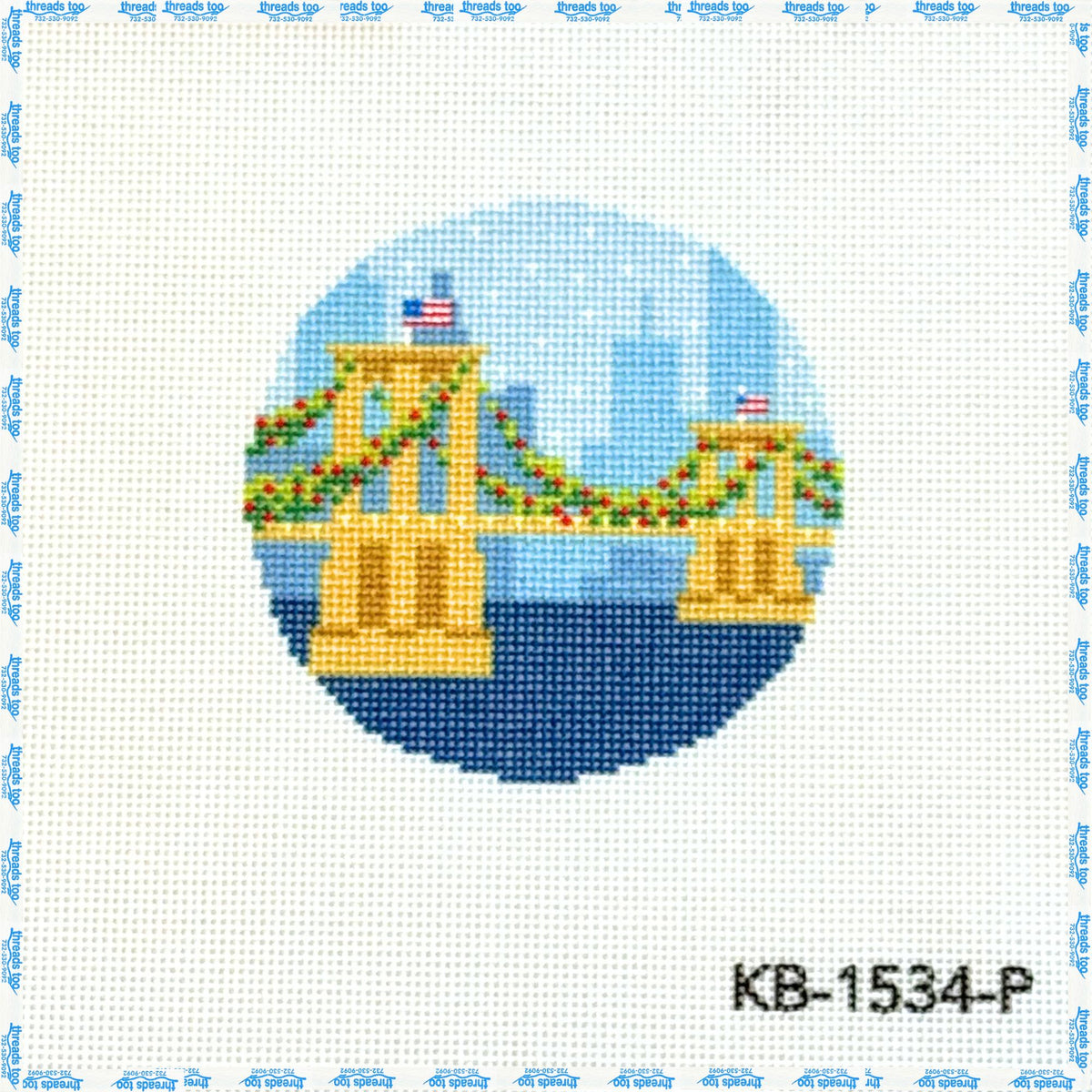 A New York Holiday- Brooklyn Bridge hand-painted needlepoint ornament canvas by Kirk & Bradley
