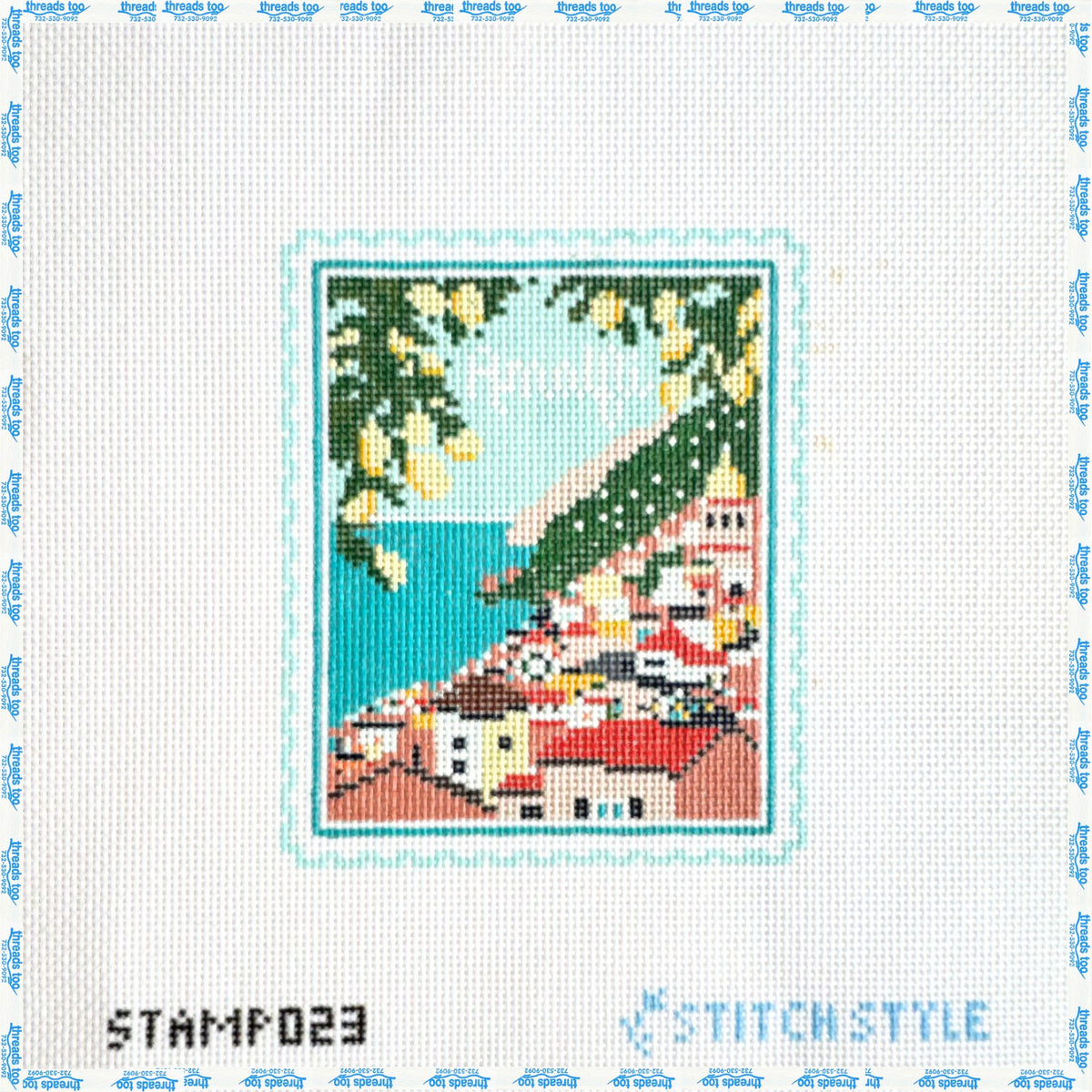 Amalfi Stamp hand-painted needlepoint ornament canvas by Stitch Style Needlepoint