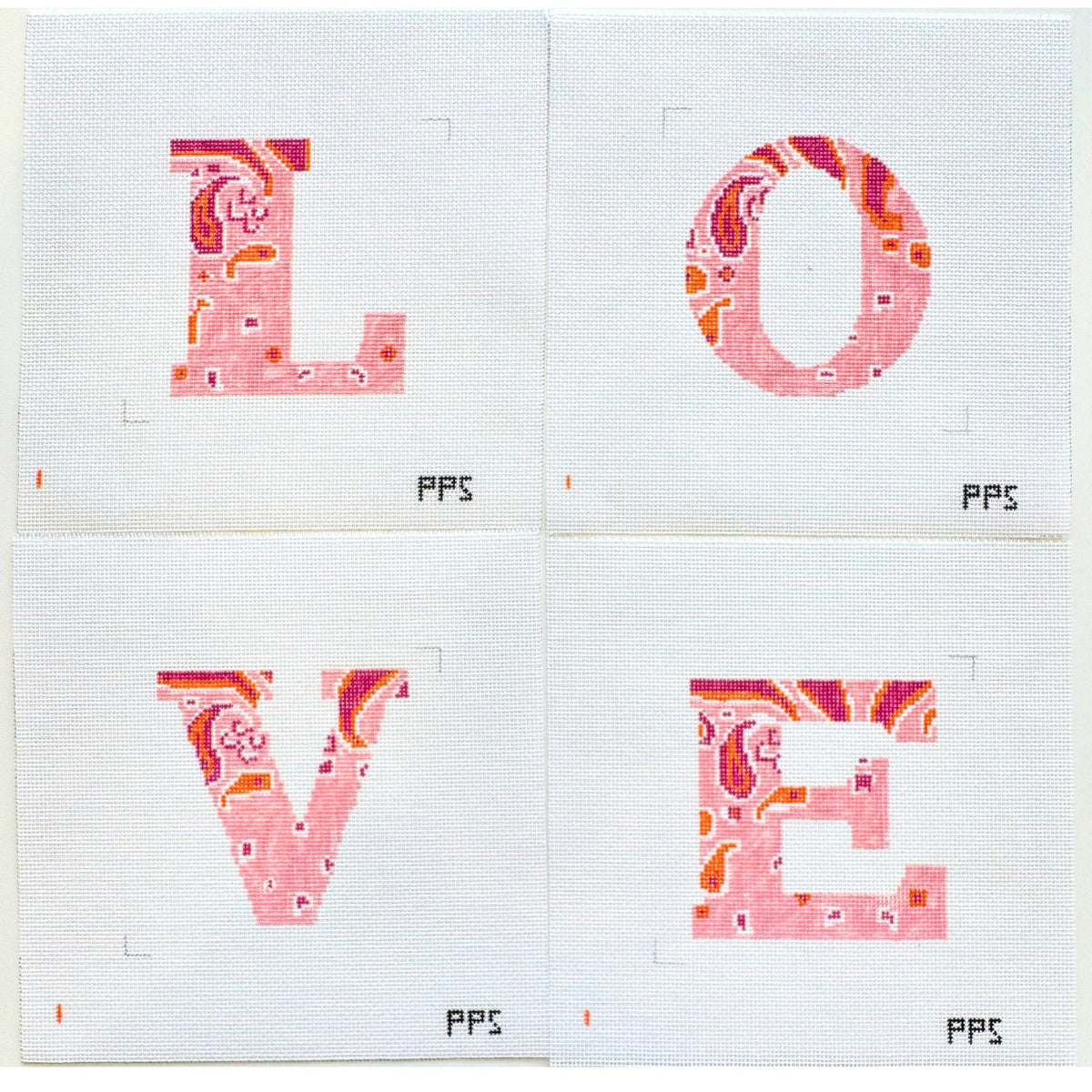 Bandana Alphabet Coaster Set "LOVE" hand-painted needlepoint canvas by Petite Palm Stitchery