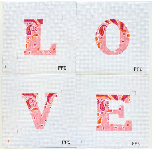 Bandana Alphabet Coaster Set "LOVE" hand-painted needlepoint canvas by Petite Palm Stitchery