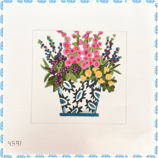 Blue and White Pot with Flowers hand-painted needlepoint canvas by Alice Peterson