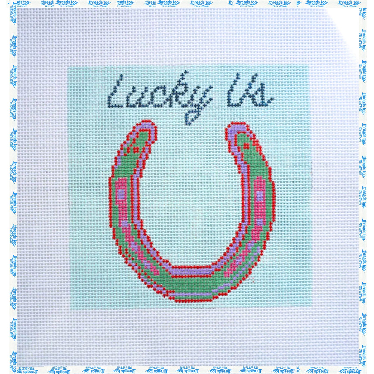 Blue Horse Shoe "Lucky Us" hand-painted needlepoint canvas by Petite Palm Stitchery