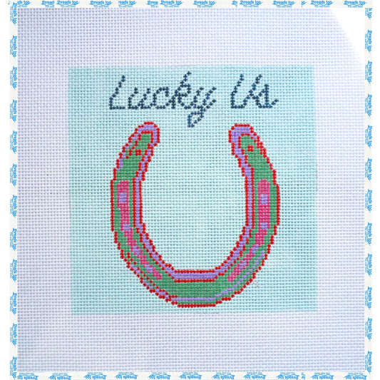 Blue Horse Shoe "Lucky Us" hand-painted needlepoint canvas by Petite Palm Stitchery