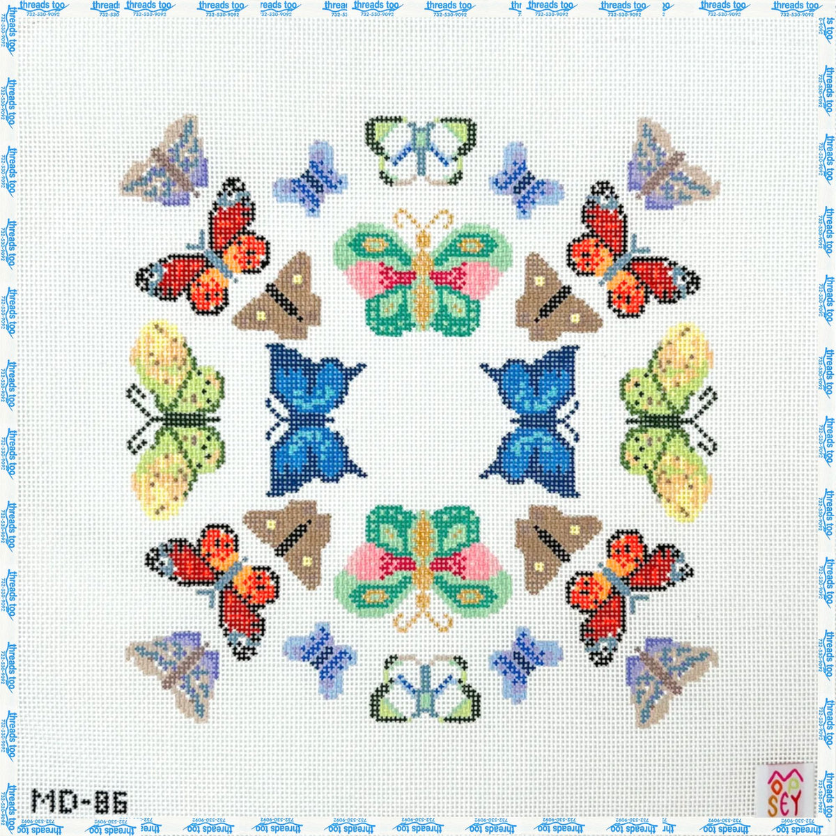 Butterfly Mandala hand-painted needlepoint canvas by Mopsey Designs