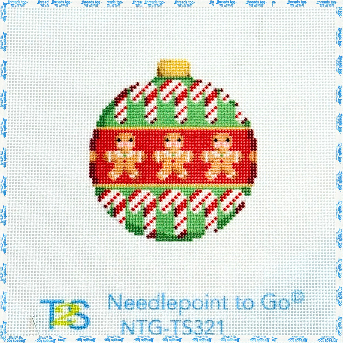 Cane & Gingerbread Ball hand-painted needlepoint ornament canvas by Kirk & Bradley