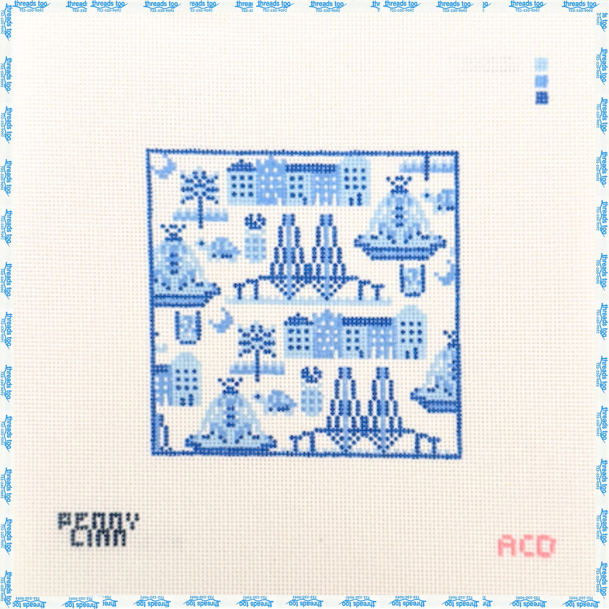 Charleston Toile hand-painted needlepoint coaster canvas by Penny Linn