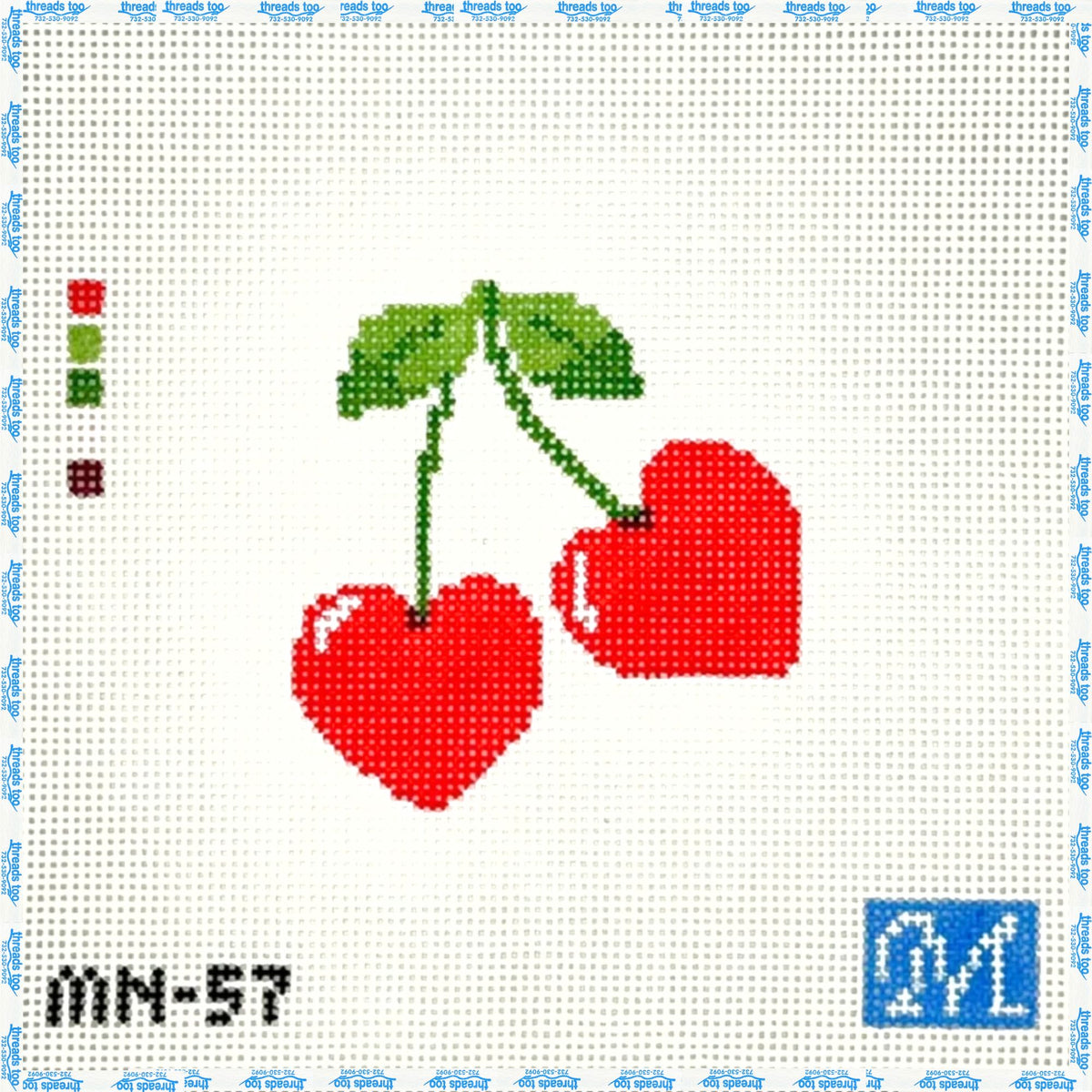 Cherry Love Bomb hand-painted needlepoint ornament canvas by Maura Nolan