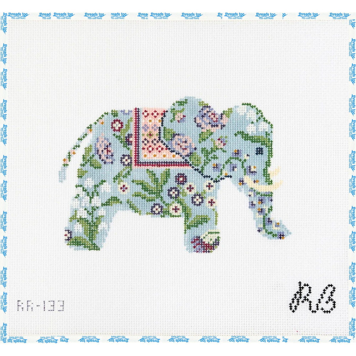 Evie the Elephant hand-painted needlepoint ornament canvas by Rachel Barri Designs