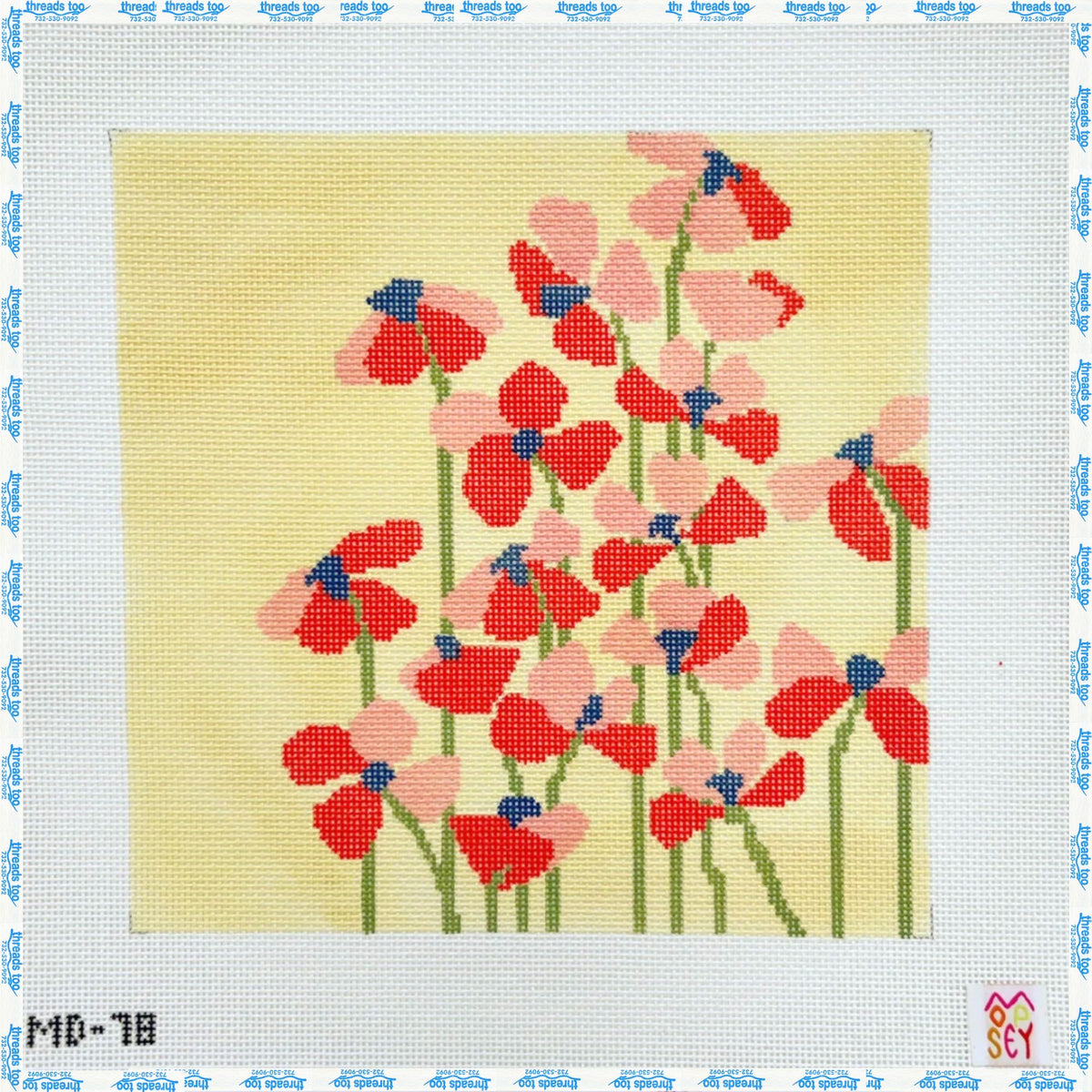 Field of Poppies hand-painted needlepoint canvas by Mopsey Designs