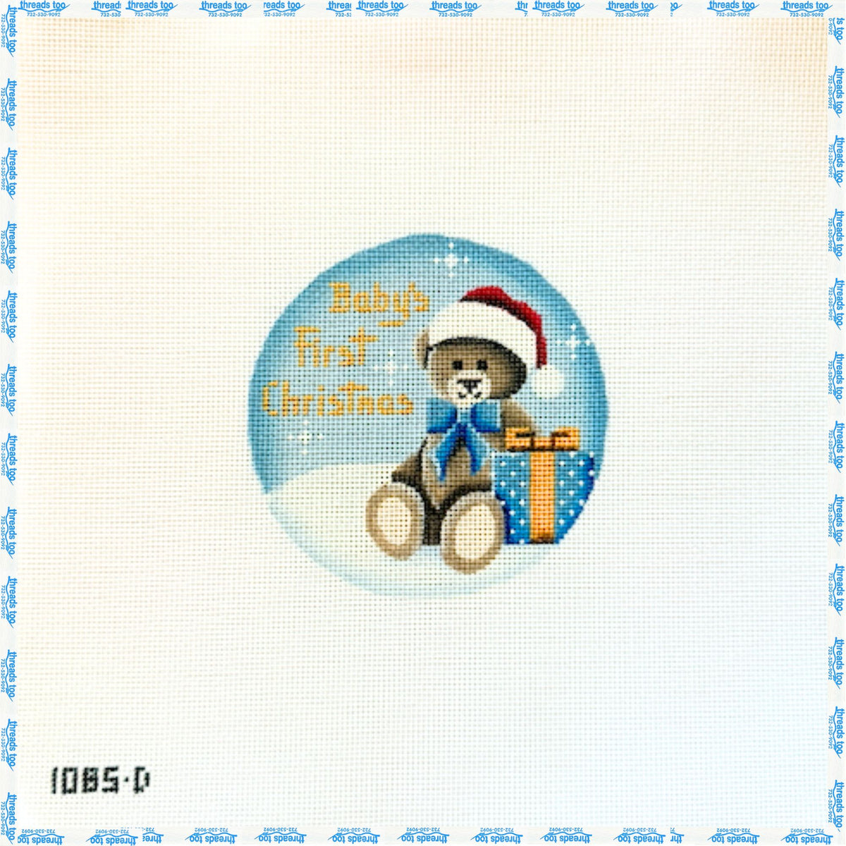 First Christmas Teddy Bear Blue hand-painted needlepoint ornament canvas by Rebecca Wood Designs