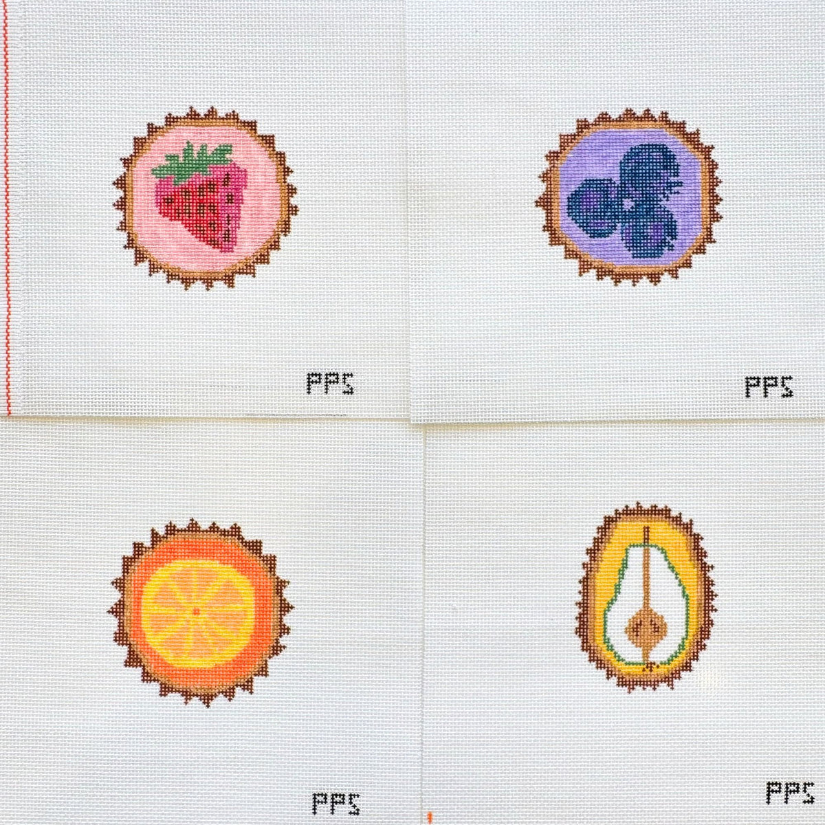 Four Little Tartlets hand-painted needlepoint coaster canvas by Petite Palm Stitchey
