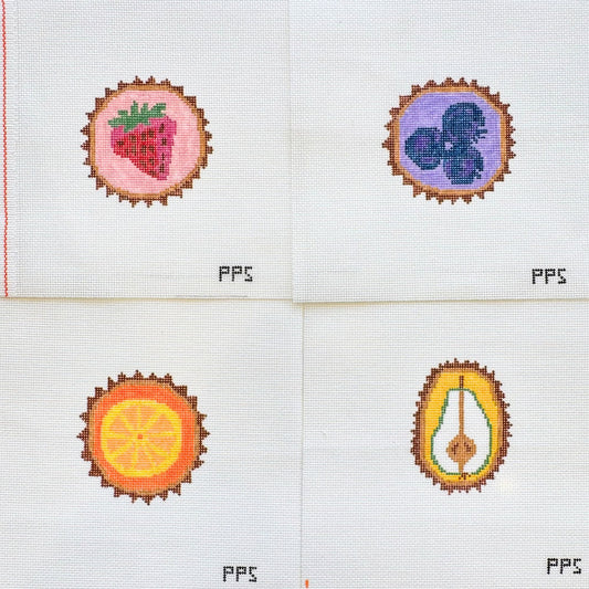 Four Little Tartlets hand-painted needlepoint coaster canvas by Petite Palm Stitchey