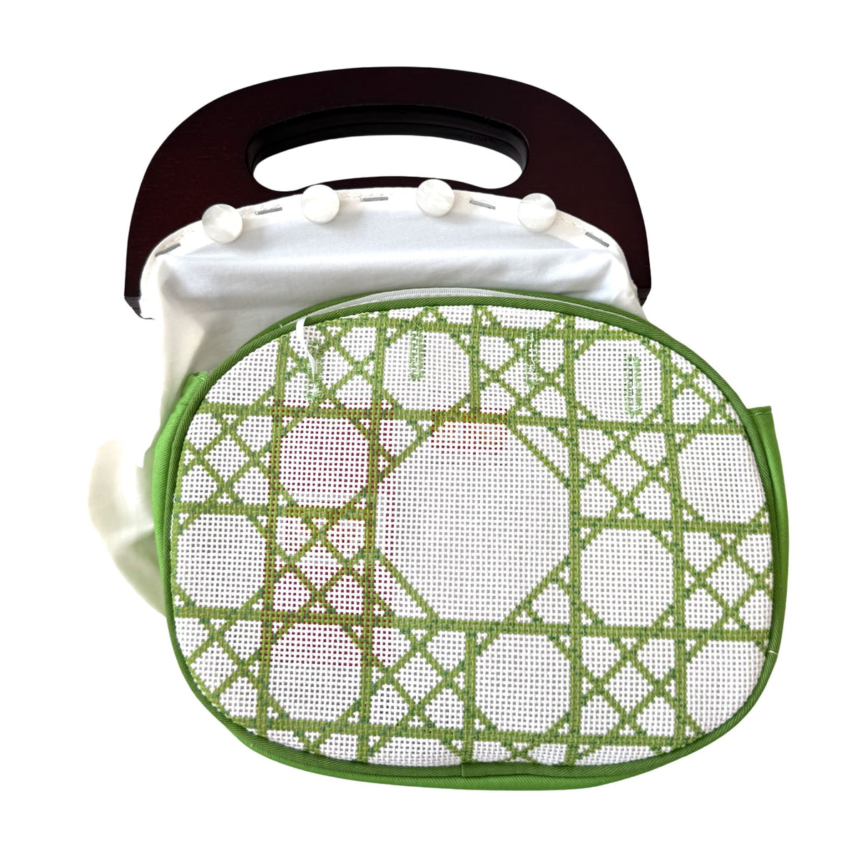 Green and White Caning Bermuda Bag and Handle hand-painted needlepoint clutch canvas by Ann Kaye Studio