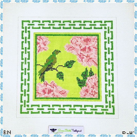 Green Bird & Peonies hand-painted needlepoint canvas by Susan Battles
