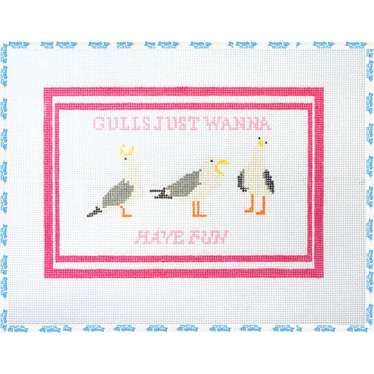 Gulls Just Wanna Have Fun hand-painted needlepoint canvas by Petite Palm Stitchery