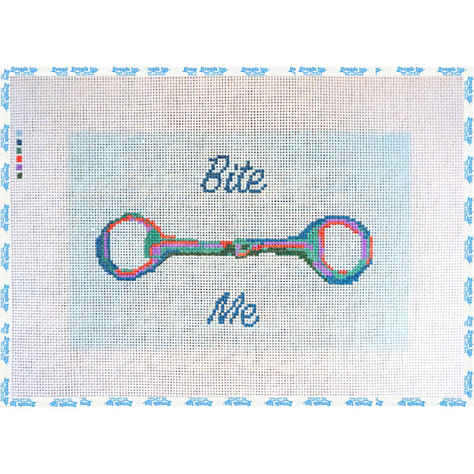 Horse Bit "Bite Me" Blue hand-painted needlepoint canvas by Petite Palm Stitchery