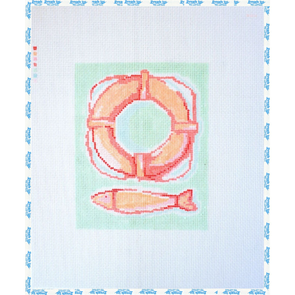 Life Preserver and Fish hand-painted needlepoint canvas by Petite Palm Stitchery