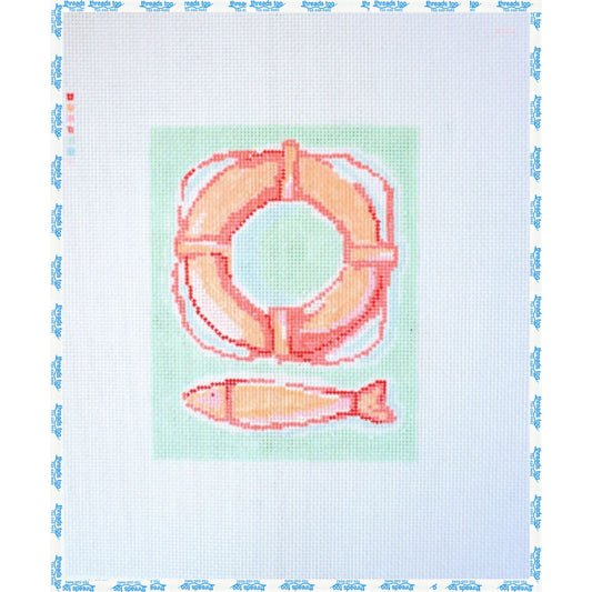 Life Preserver and Fish hand-painted needlepoint canvas by Petite Palm Stitchery