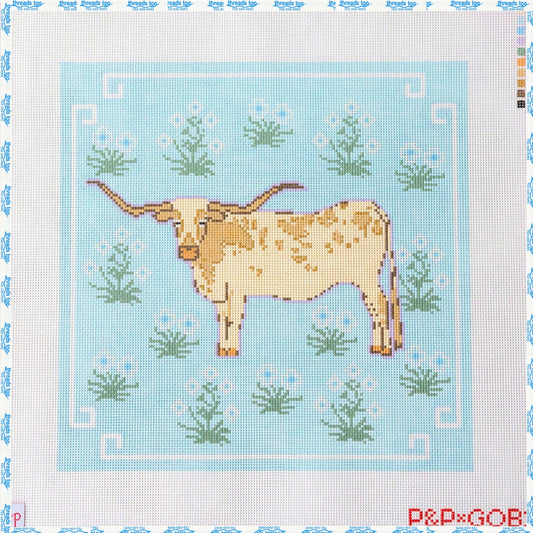 Long Horn Pillow hand-painted needlepoint canvas by Penny & Penny