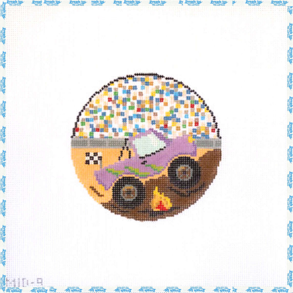 Monster Truck Mania hand-painted needlepoint ornament canvas by Stitches by Midge