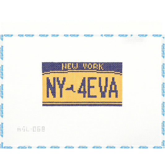NY 4EVA License Plate hand-painted needlepoint ornament canvas by Dogwood Needlepoint