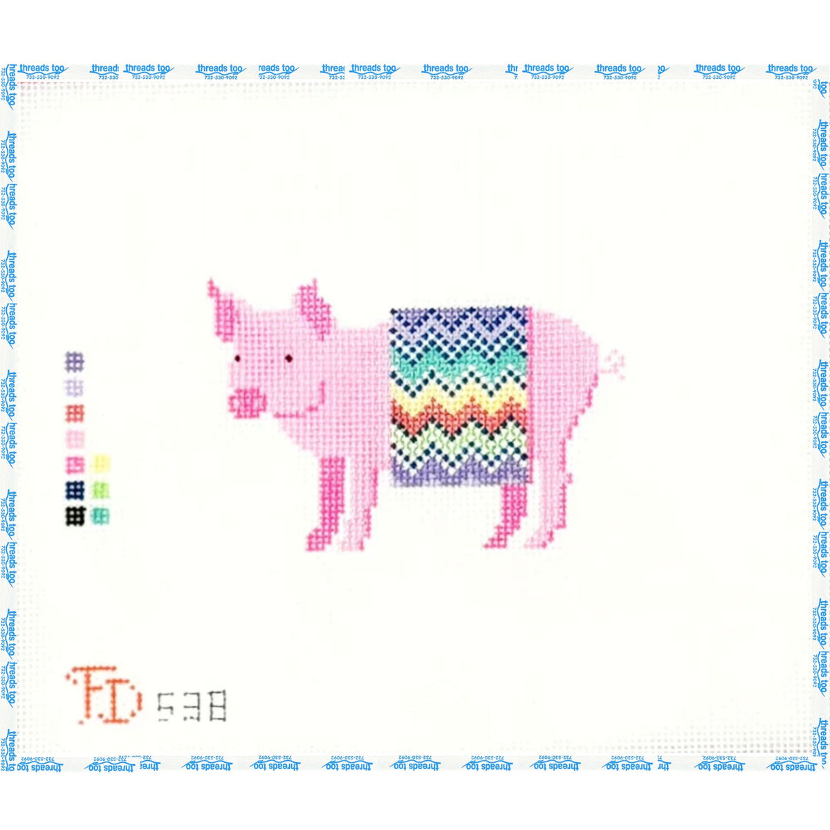 Pig in a Zig Zag Blanket hand-painted needlepoint ornament canvas by Froopy Designs