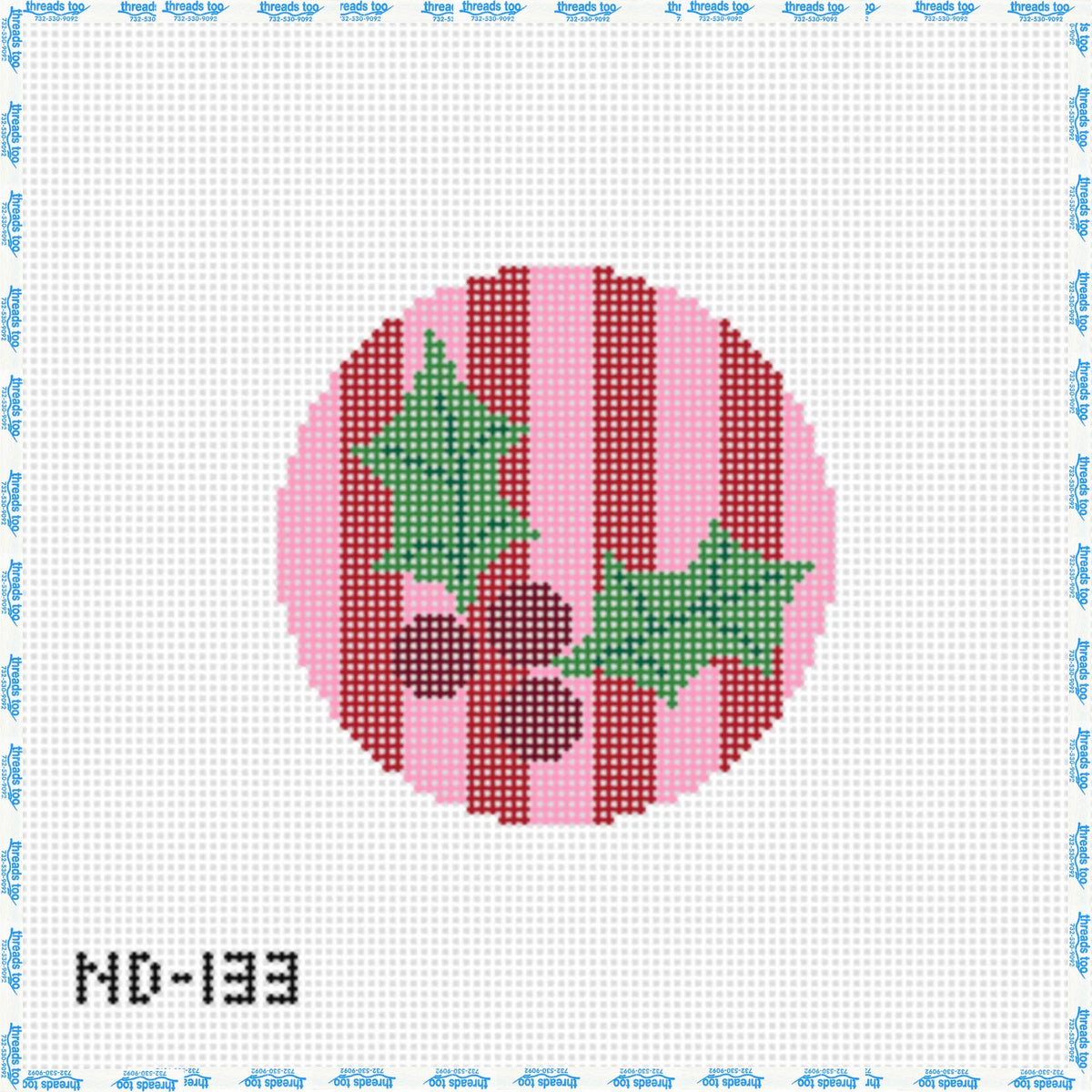 Pink & Red Holly hand-painted needlepoint ornament canvas by Nash & Daughters
