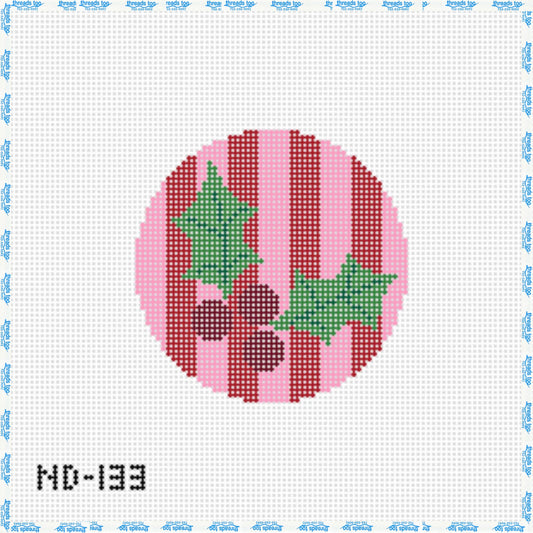 Pink & Red Holly hand-painted needlepoint ornament canvas by Nash & Daughters