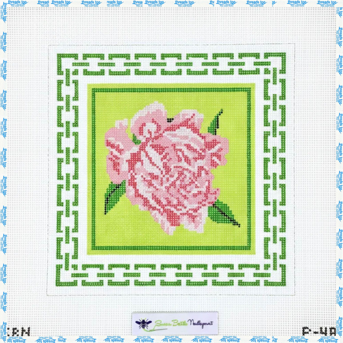 Pink Peony with Green Border hand-painted needlepoint canvas by Susan Battles