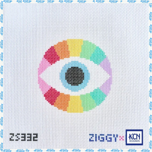 Rainbow Evil Eye hand-painted needlepoint ornament canvas by KCN