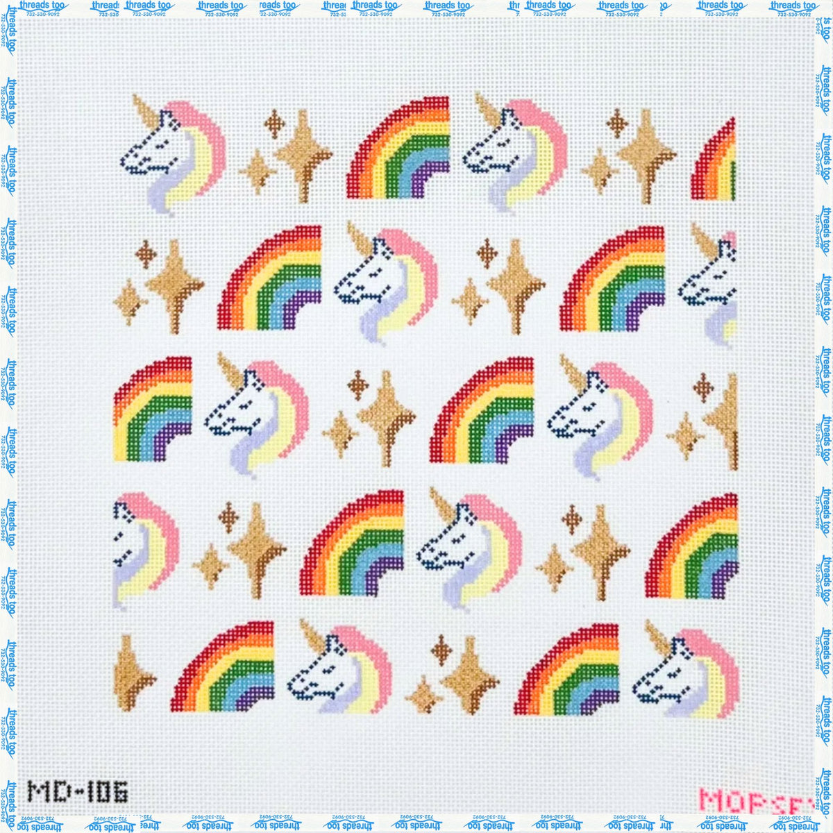 Rainbow Sparkle Unicorn hand-painted needlepoint canvas by Mopsey Designs
