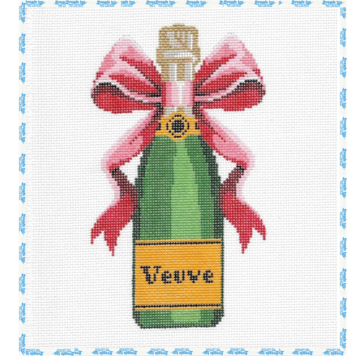 Red Bow Champagne hand-painted needlepoint ornament canvas by C'ate La Vie