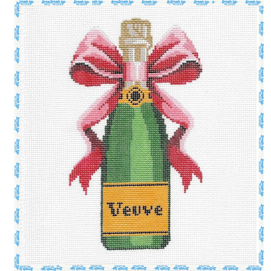 Red Bow Champagne hand-painted needlepoint ornament canvas by C'ate La Vie