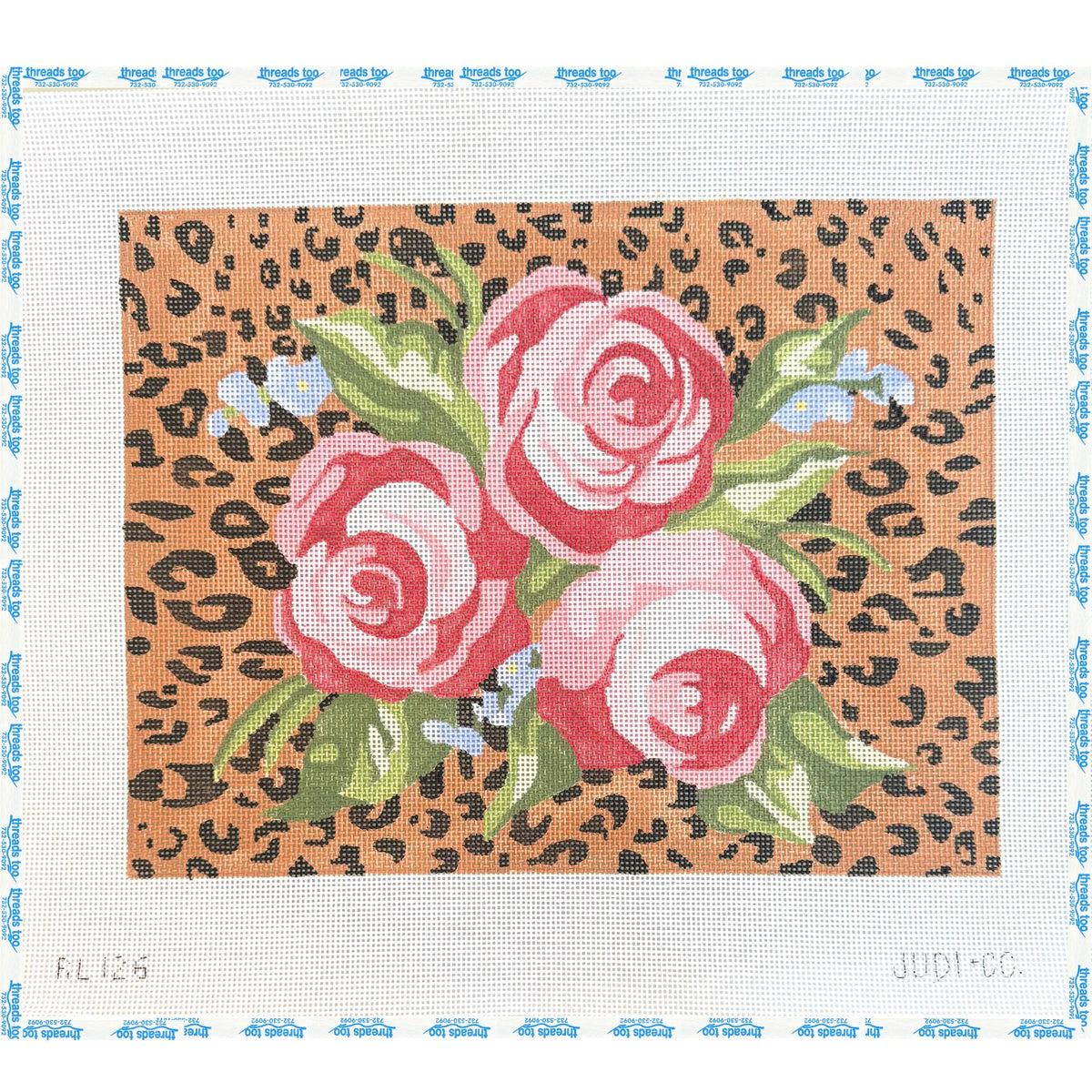 Roses and Leopard hand-painted needlepoint canvas by Judi & Co