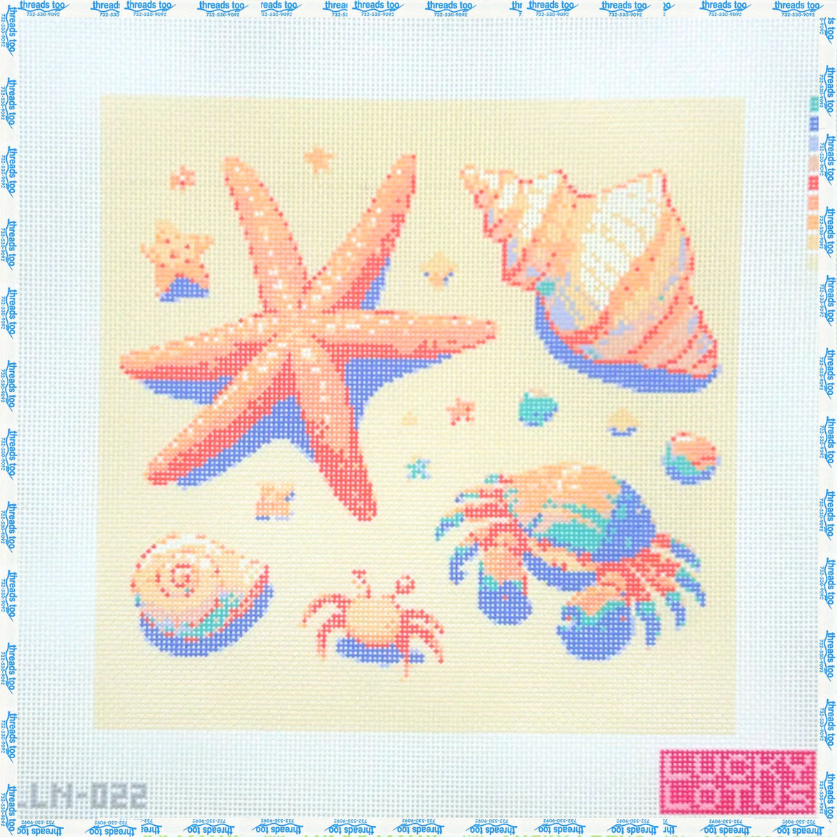 Seashells and Crabs hand-painted needlepoint canvas by Lucky Lotus