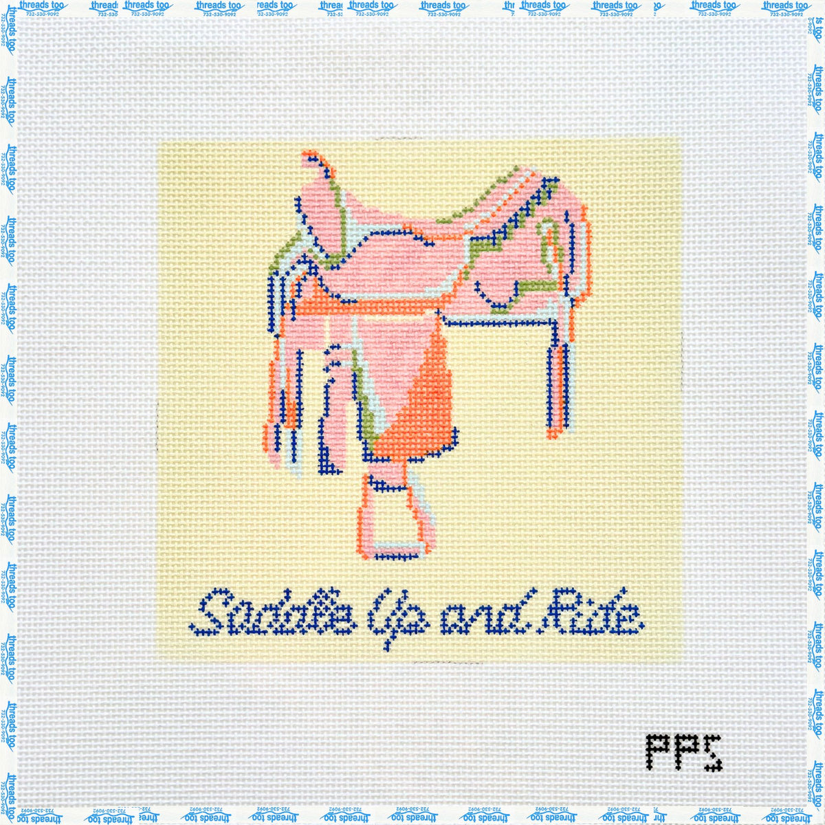 Western Saddle "Saddle Up and Ride" hand-painted needlepoint canvas by Petite Palm Stitchery