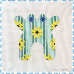 Kristine Kingston - Frog with Yellow Flowers on Blue and Green Stripes